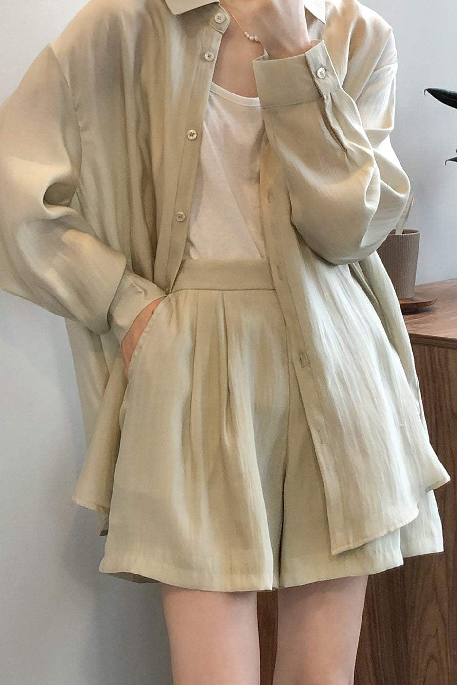 Two-Piece Set: Back Slit Sheer Shirt with Tie Belt + Front Tuck Shorts with Lining - 3 Colors Available - liwisi