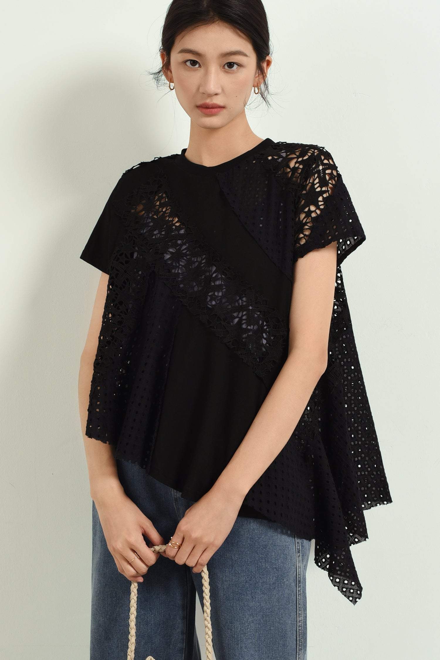イレギュラーヘム刺繡切り替えTシャツ　3色入 - liwisi
