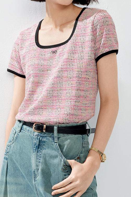 ラウンドネックロゴ刺繡ツイードTシャツ　2色入 - liwisi