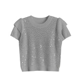 Round Neck Glitter Decor Double Sleeve Knit - 3 Colors Available
