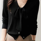 V-Neck Ribbon Tie Wool-Like Knit - 5 Colors Available