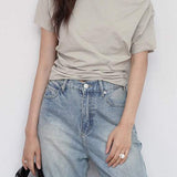 Diagonal Off-Shoulder Neck Side Tuck T-Shirt