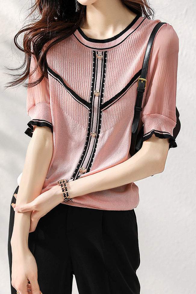 バイカラーボタン装飾シアー袖ニットトップス　2色入 - liwisi
