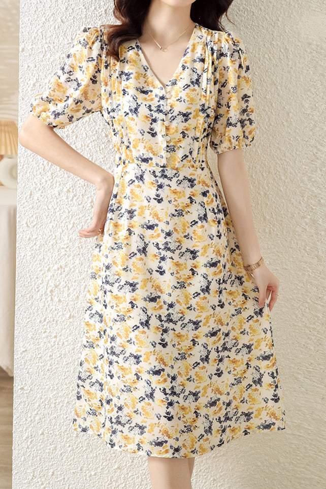 Vネック花柄ピンタックフレアワンピース - liwisi