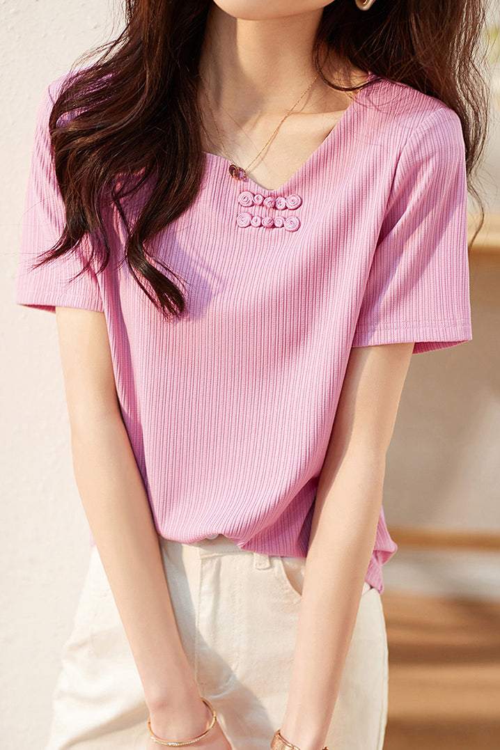 アシンメトリーVネックボタン装飾Tシャツ - liwisi