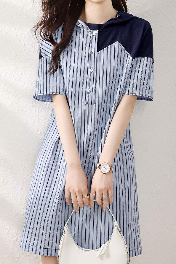 異素材フード付ストライプ柄シフトワンピース - liwisi