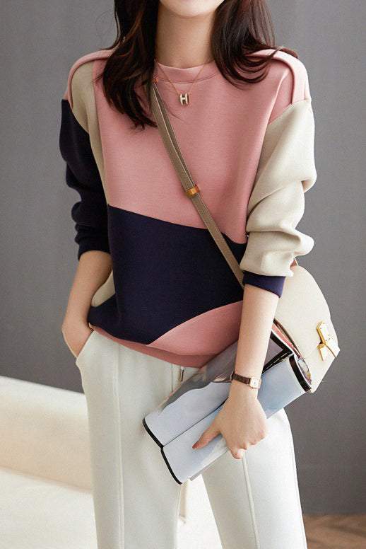 Round Neck Drop Shoulder Bi-Color Sweatshirt - liwisi