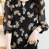 Lubang kunci leher bijou hiasan ribbon print puff blaus