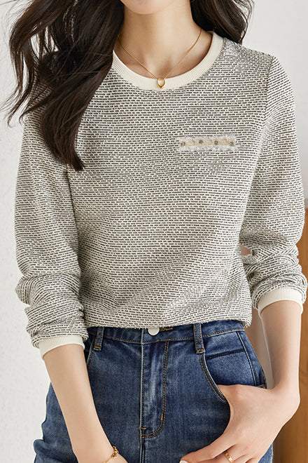 シャネル風ラウンドネックポケット装飾ニットトップス - liwisi