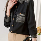 Translated Collar and Full Button Chest Pocket Elegant Color Block Shirt