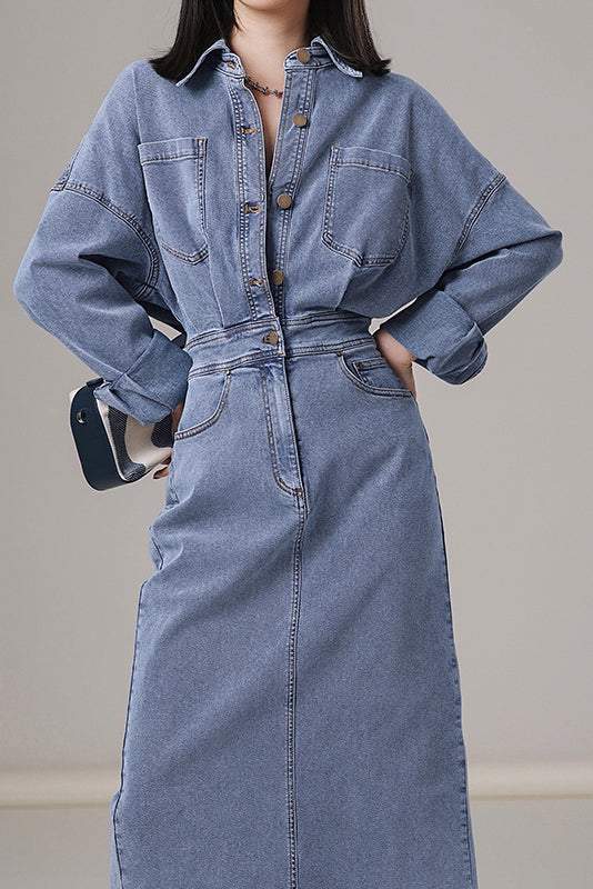 バックスリットデニムロングシャツワンピース - liwisi