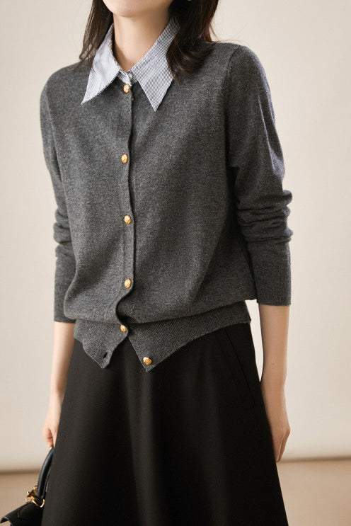 Layered Look Shirt Collar Striped Contrast Knit Cardigan - 3 Colors Available - liwisi