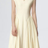 Key Neck Side Gathered Long Flare Dress with Lining