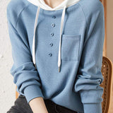 Casual Minimalist Color Block Button Detail Hoodie in 4 Colors