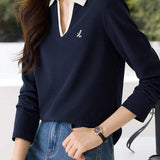 Contrasting Skipper Collar Logo Embroidered Long Sleeve T-Shirt