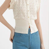 Round Neck Openwork Scalloped Sleeve Knit