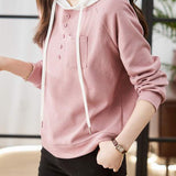 Casual Minimalist Color Block Button Detail Hoodie in 4 Colors