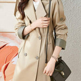Color Block Waist Elastic Trench Coat with Lining