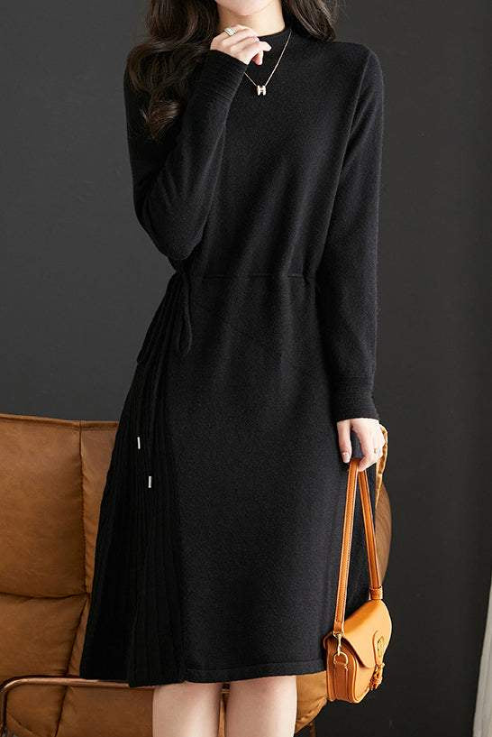 Off Neck Drawstring Flare Knit Dress - 3 Colors Available - liwisi