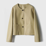 Short Faux Sheepskin Trapeze Round Neck Leather Jacket