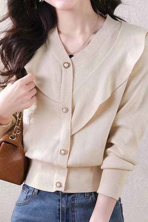 Elegant V-Neck Ruffle Decor Knit Top - liwisi