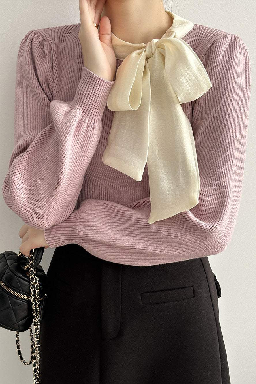 異素材ボウタイカラー異色ニットトップス　5色入 - liwisi