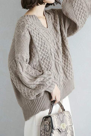 キーネックケーブル編み緩やかセーター　5色入 - liwisi
