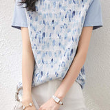 Round Neck Art Print Jacquard Check Contrast T-Shirt with Lining
