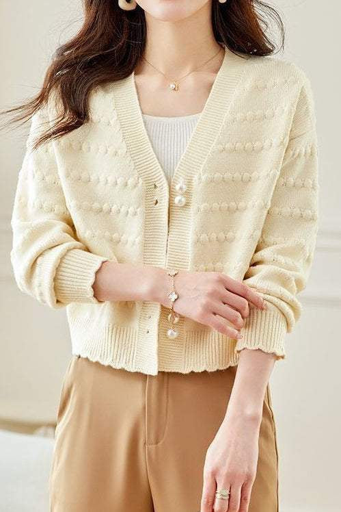 V-Neck Textured Knit Jacquard Cardigan - liwisi