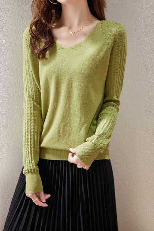 Solid-color V-neck knitted top - liwisi