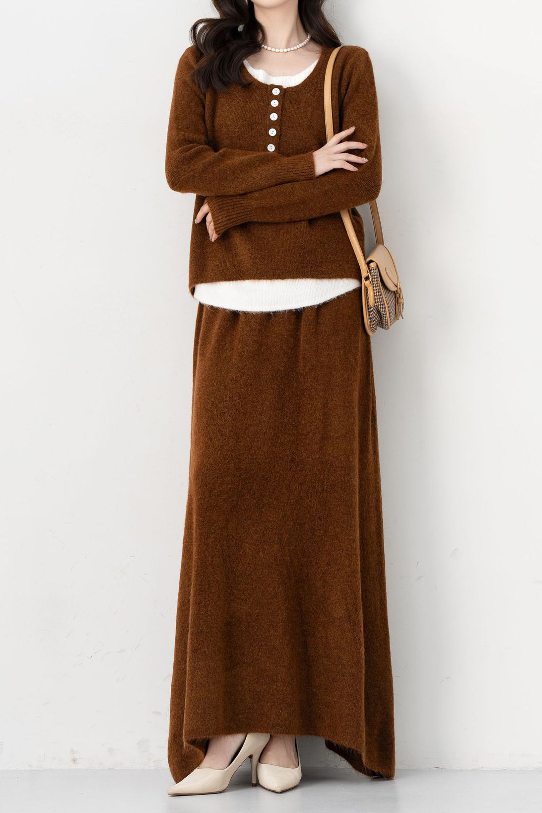 二点セット　バイカラーボタン装飾ニットトップス+シンプルデザインマキシフレアスカート　5色入 - liwisi