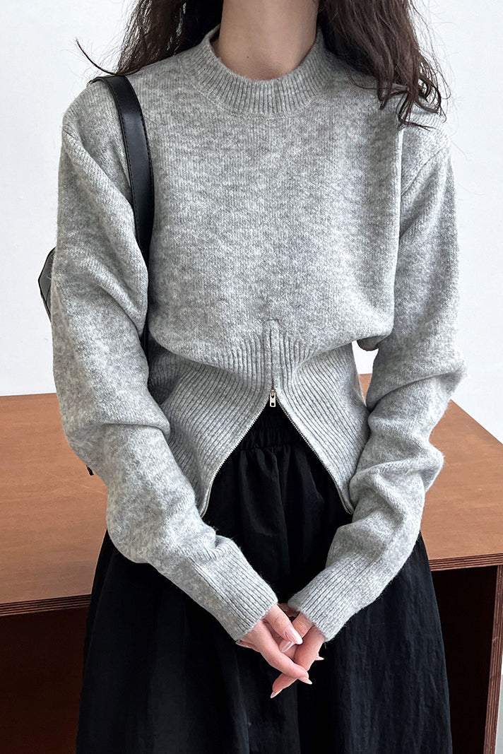 ラウンドネック裾ジップドロップショルダーニット　3色入 - liwisi