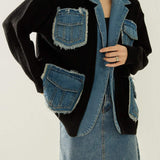 Fashion Patchwork Fringe Denim Knit Jacket