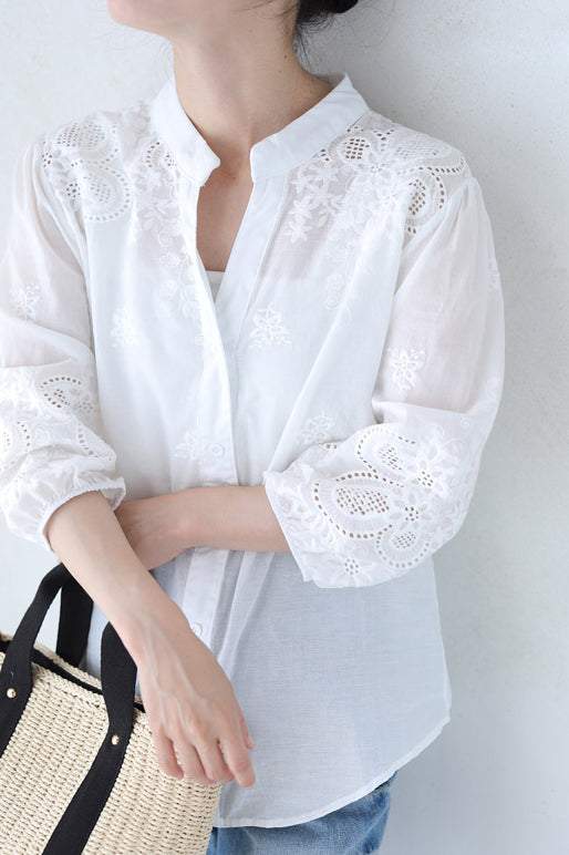 スキッパーカラー透かし刺繍ブラウス - liwisi