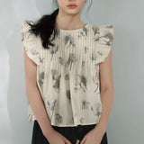 Blouse pintuck lengan suar cetakan bunga