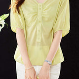 V-Neck Front Button Decor Drawstring Gathered Blouse - 3 Colors Available