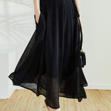 Side Ribbon Belt Long Flare Sheer Skirt with Lining