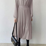 Round Neck Pleated Contrast Long Flare Dress - 4 Colors Available