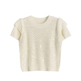Round Neck Glitter Decor Double Sleeve Knit - 3 Colors Available