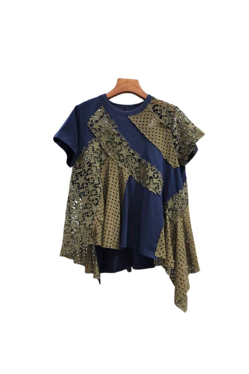イレギュラーヘム刺繡切り替えTシャツ　3色入 - liwisi