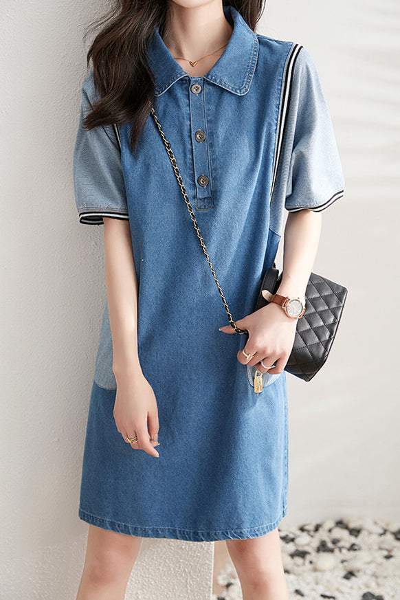 シャツカラー異色切替デニムシフトワンピース - liwisi