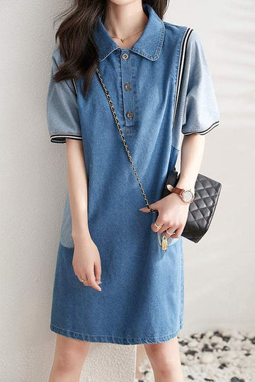 シャツカラー異色切替デニムシフトワンピース - liwisi