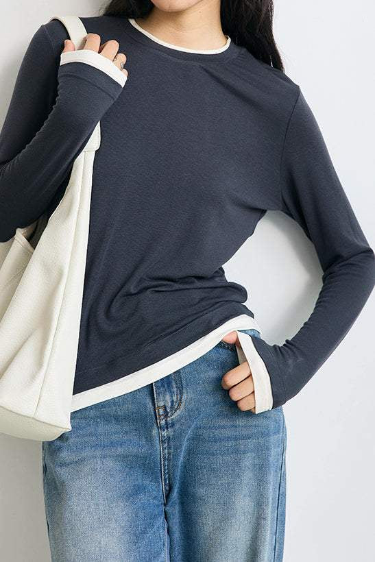 Fake two-piece round-neck knitted sweater - liwisi