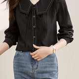 Ribbon Tie Stitch Decor Long Sleeve Blouse