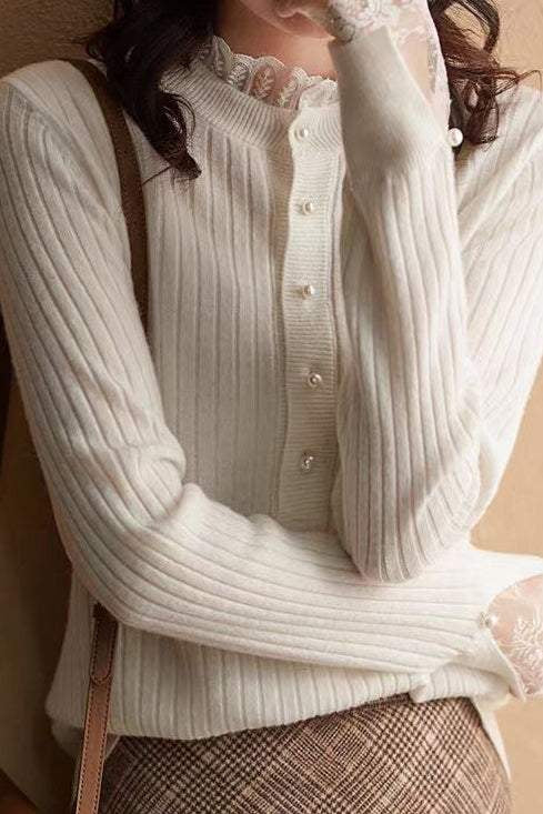 Elegant Ribbed Knit Sweater with Lace Trim - liwisi
