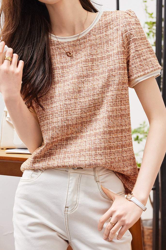 シャネル風ラウンドネックチェックTシャツ - liwisi
