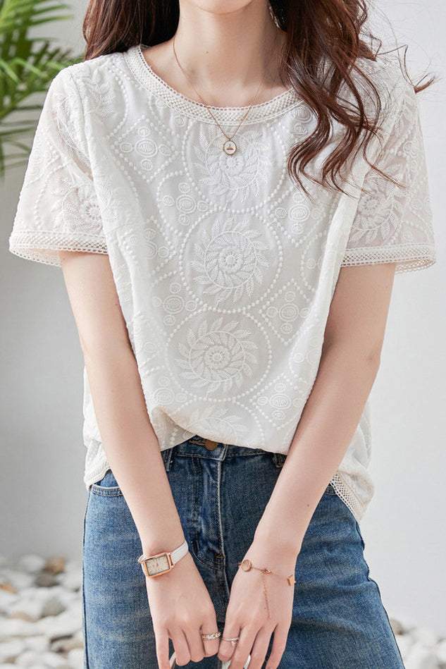 ラウンドネックフラワー刺繡レース装飾ブラウス　裏地付 - liwisi