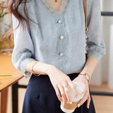 V-Neck Star Pattern Lace Hem Short Sleeve Blouse with Lining