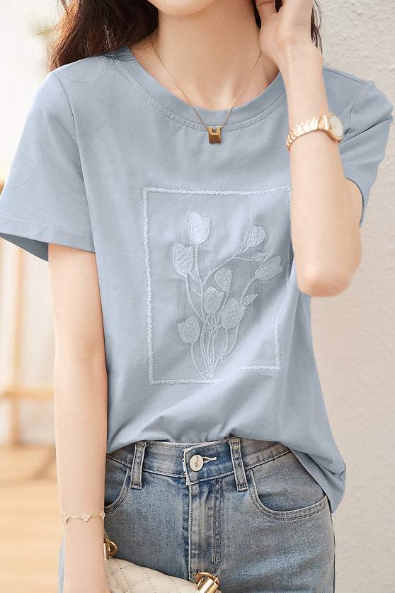 ラウンドネックフラワー刺繡Tシャツ - liwisi