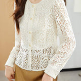 Round Neck Openwork Long Sleeve Cardigan with Lining - 2 Colors Available